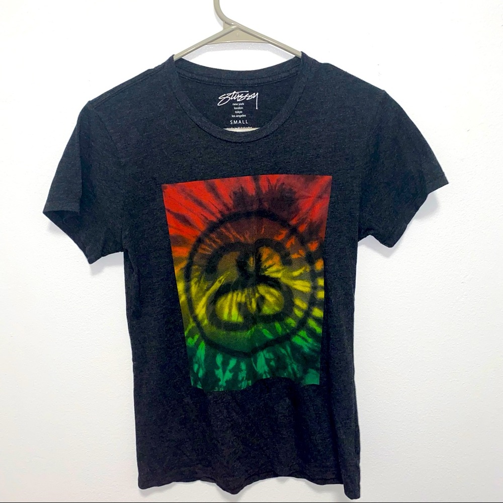 Stussy Tie Dye Logo Print Streetwear White Cotton Graphic Tee Shirt Size Small